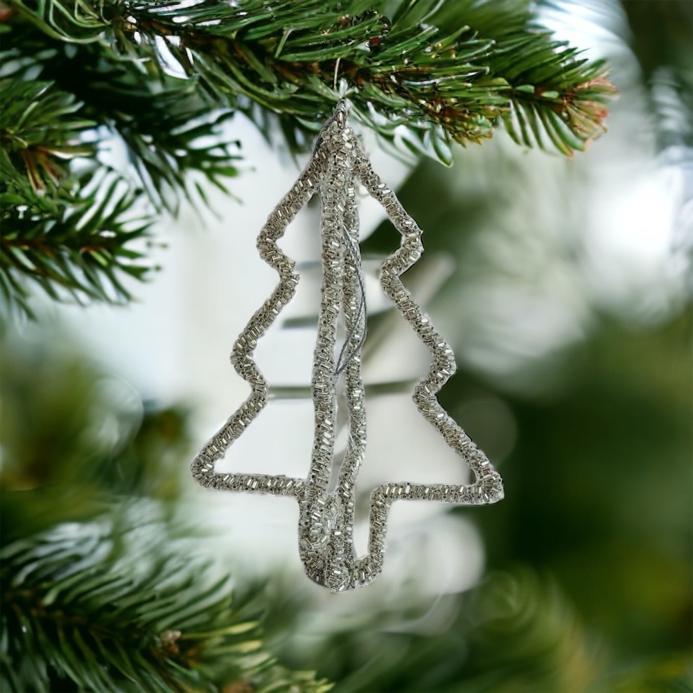 Pottery Barn Silver Beaded Christmas Tree Ornament Handcrafted Collectible